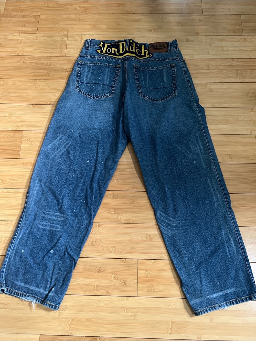 VTG Y2K Von Dutch Wide Leg Baggy Jeans 36x29 Big Logo Distressed Painter Denim